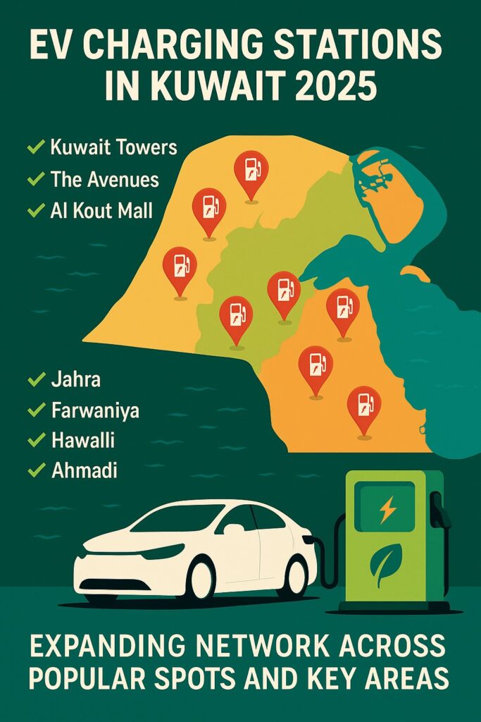 محطات شحن السيارات الكهربائية في الكويت 2025 – خريطة شاملة لأبراج الكويت والمولات والجامعات والطرق الرئيسية